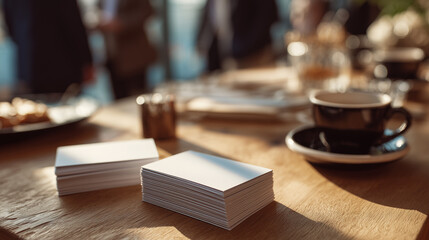 Networking event with business cards and coffee, casual atmosphere
