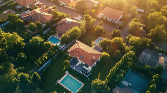 Aerial view of a residential neighborhood with a swimming pool, suitable for real estate or vacation planning uses