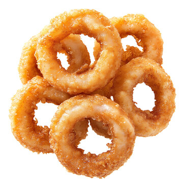 Golden, crispy onion rings stacked together