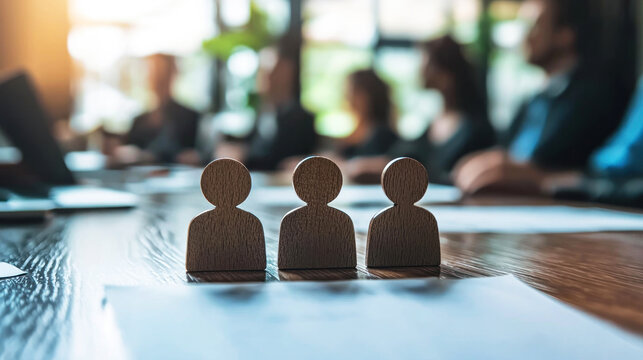 Three wooden figurines on a wooden table with a blurred background of a conference room.