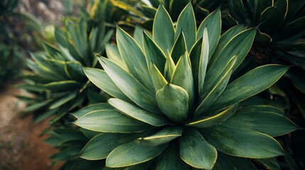 Fototapeta premium Close-up image of a thriving Agave plant growing in an outdoor environment