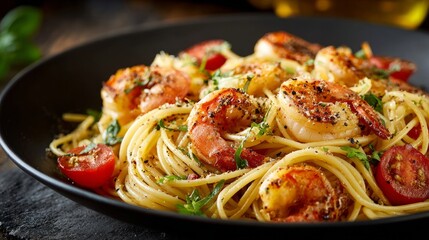 Fototapeta premium Close-up of a delicious shrimp pasta dish served on a dark tabletop