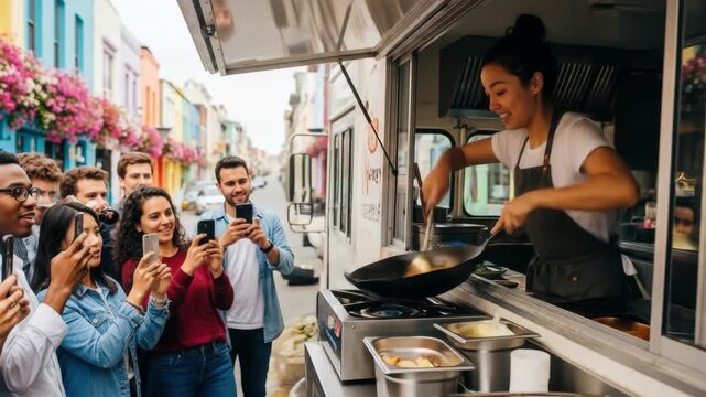 Street food delight: chef engages enthusiastic crowd with cooking demo in vibrant urban setting