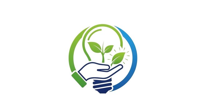 Hand holding plant sprouts inside lightbulb shape with green and blue colors.