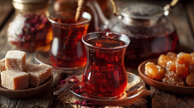 Close-up of traditional Turkish tea served in glass cups with teapot, loose leaves, sugar cubes, and sweets on a wooden surface