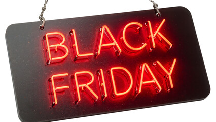 Neon sign displaying black friday sale advertisement: vibrant red letters on dark background