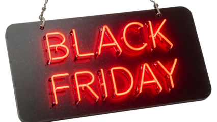 Neon sign displaying black friday sale advertisement: vibrant red letters on dark background