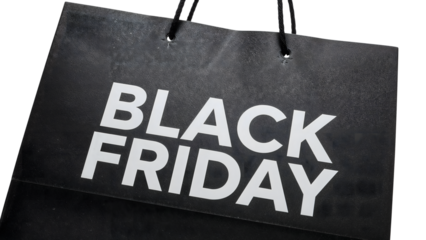 Bold black friday shopping bag with white lettering for seasonal sales and promotions