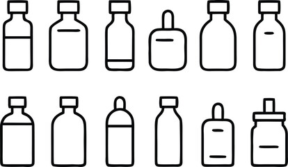 Collection of various medical vials and bottles in outline style isolated on transparent background