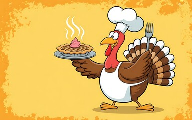 Cartoon Turkey Chef Ready to Serve Pie with Fork, Dressed for Thanksgiving with Joyful Expression on a Textured Background