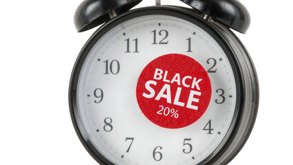 Vintage alarm clock with black friday sale sticker showing 20 discount