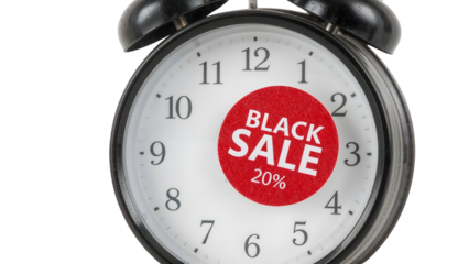 Vintage alarm clock with black friday sale sticker showing 20 discount