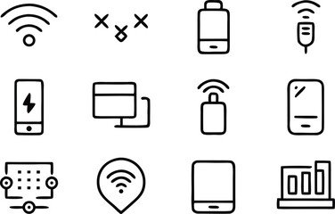Collection of hand drawn technology and connectivity icons isolated on transparent background