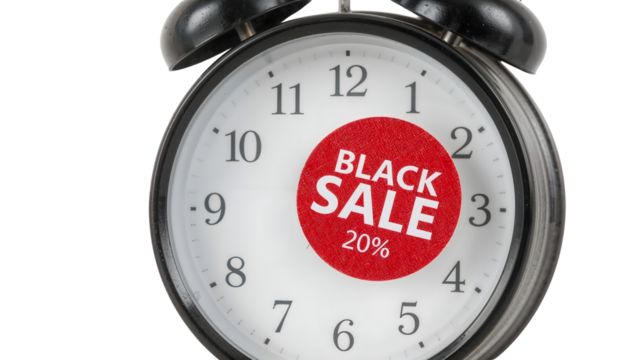 Vintage alarm clock with black friday sale sticker showing 20 discount