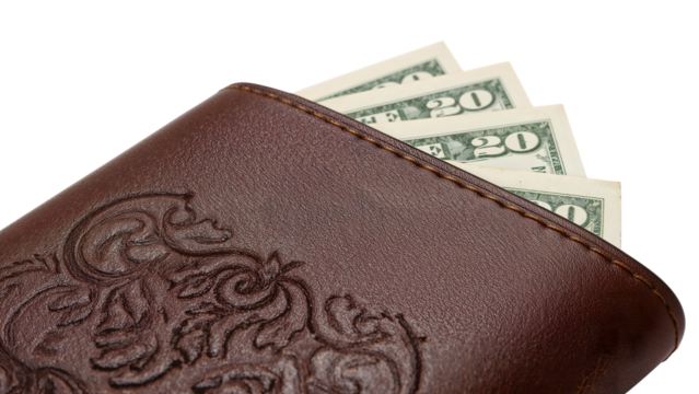 Intricately embossed leather wallet with dollar bills signifying wealth and style