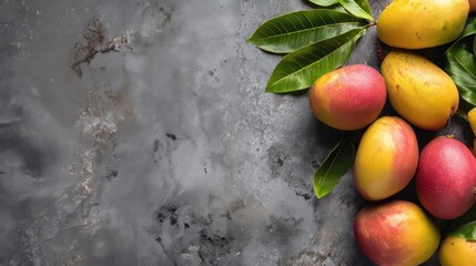 Flat lay of mangoes on a gray surface with designated area for textual content