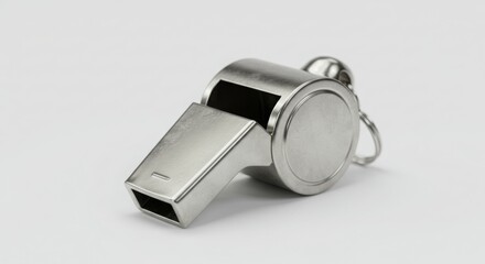Closeup of a shiny metal whistle on a white background, a silver object often used by referees or coaches in sport