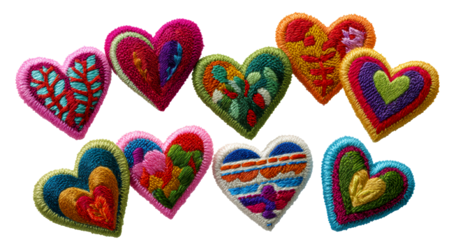 Colorful embroidered heart patches collection with vibrant designs