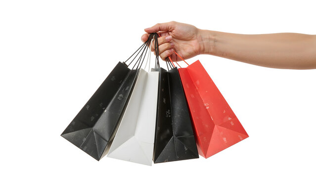 Minimalistic hand holding colorful shopping bags against a isolated background for retail themes