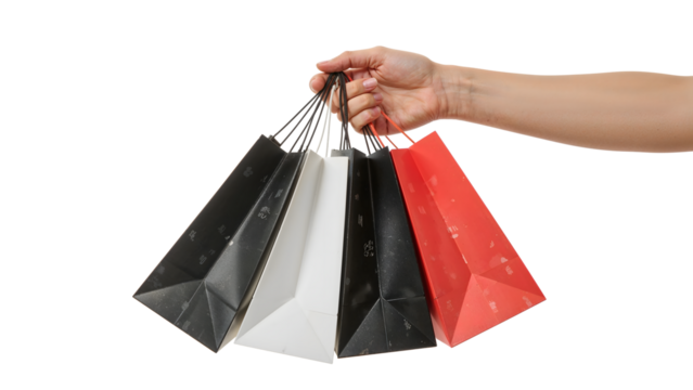 Minimalistic hand holding colorful shopping bags against a isolated background for retail themes