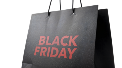 Black friday shopping bag closeup featuring bold red lettering for holiday sales event