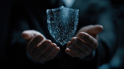 Hands protect a glowing digital shield, symbolizing cybersecurity and data protection in a high-tech environment.