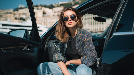 Stylish woman sitting in car with door open, casual outfit, sunglasses, cityscape behind, fashion lifestyle moment.