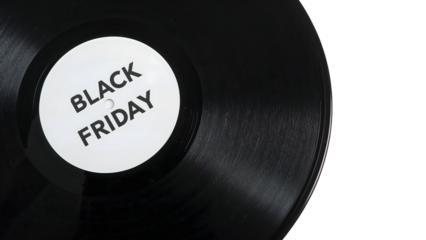 Black friday sale concept on vinyl record with bold text on white center label