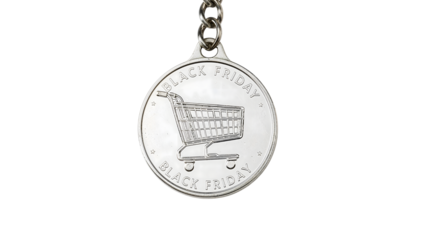Metallic black friday shopping coin pendant with shopping cart design on chain