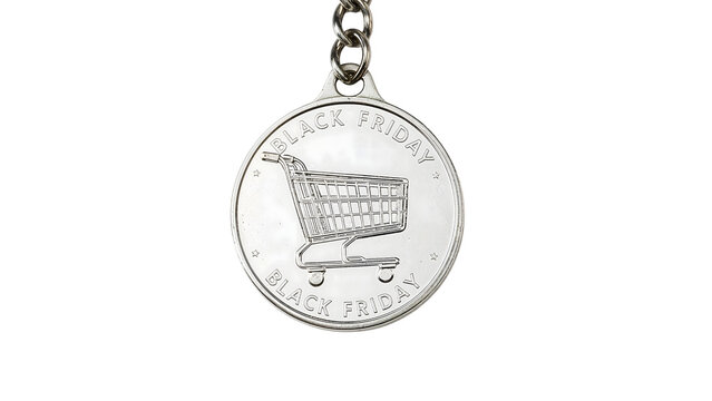Metallic black friday shopping coin pendant with shopping cart design on chain