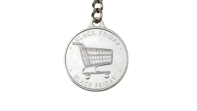 Metallic black friday shopping coin pendant with shopping cart design on chain