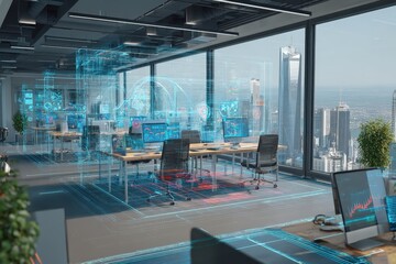 A modern office with large windows overlooks a city skyline, featuring holographic digital interfaces and workstations highlighting futuristic technology.