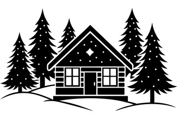 Naklejka premium Winter Cabin Silhouette Vector Icon for Snowy Landscape Design