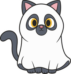 Cute cartoon cat wearing ghost costume, Halloween spooky kitten illustration, funny pet character design, white costume disguise, vector art, isolated background