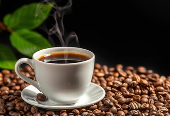 Steaming cup of coffee beside scattered coffee beans,  coffee beans,  dark roast