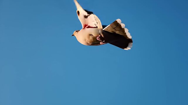 Mourning dove flying in a blue sky with outstretched wings, showing its feathers