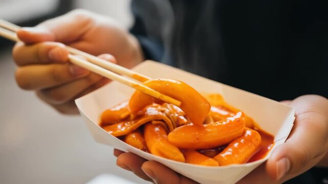 Chopsticks lifting steaming spicy tteokbokki in street food box