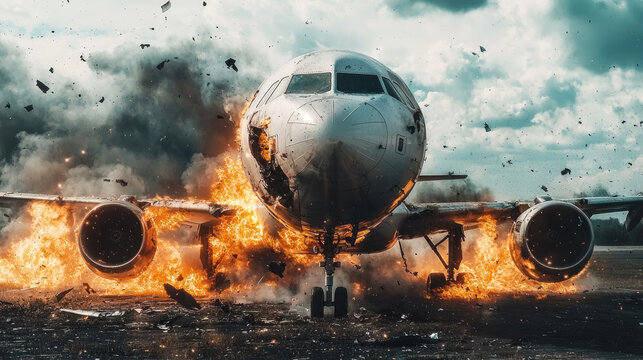 A damaged airplane on fire with debris flying around.
