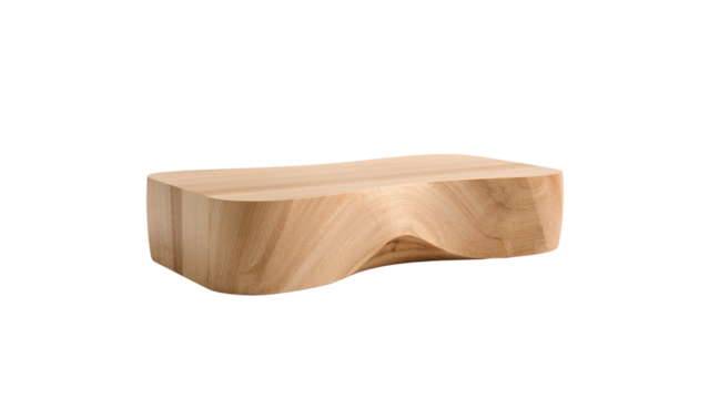 Sculptural light wood coffee table with organic shape, minimalistic design and isolated