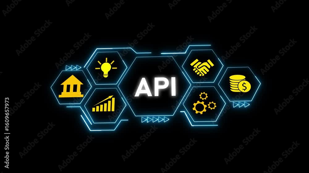 Poster a p i interface technology hexagon network digital innovation blockchain finance cryptocurrency. api