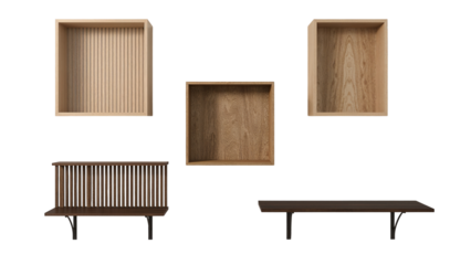 Minimalist wooden furniture arrangement featuring floating shelves and bench design