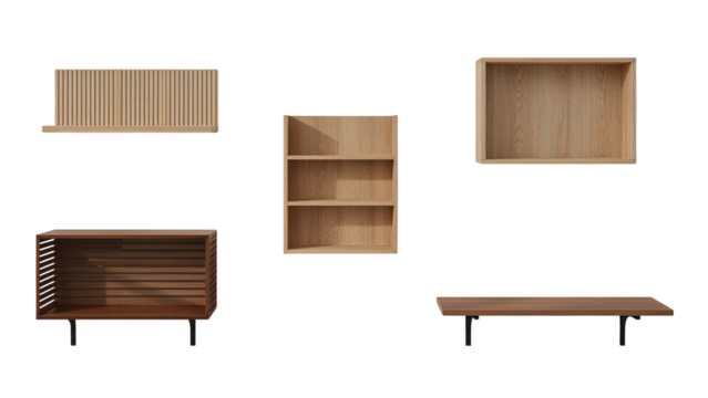 Wooden minimalist furniture ensemble floating elegantly on an isolated transparent setting