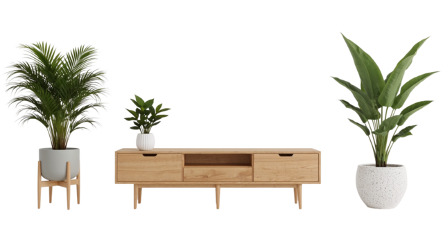 Stylish media console with potted plants creating a modern minimalist interior design accent on