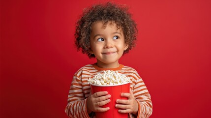 A young child with curly hair smiles while holding a large bucket of popcorn against a vibrant red background.