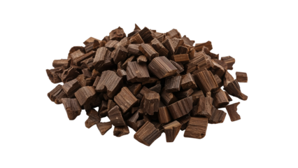 Aromatic agarwood chips in a heap isolated for incense and perfumery with transparent backdrop