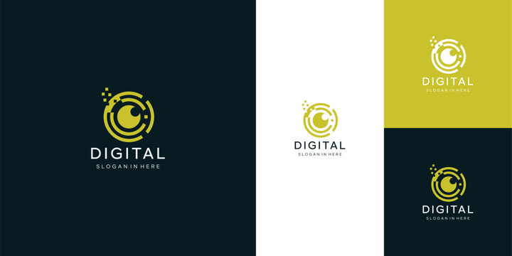 Eye digital technology logo design, Eye cyber symbol. lens aperture positions. Retina scan eye icons collection, Simple, science, silhouette, vector template