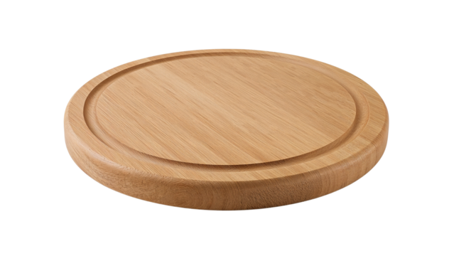 Isolated round wooden cutting board, crafting a rustic visual appeal of culinary preparation surface