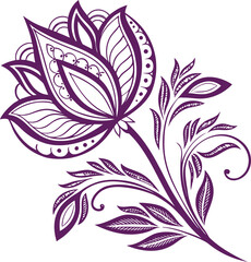 Elegant purple lotus floral ornament with detailed line art and decorative swirls, perfect for yoga, mehndi, tattoo, bohemian art, and luxury vector design illustrations.
