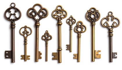 Vintage brass keys of varying sizes, ornate design, against white background