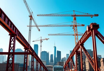 Steel beams against cityscape, cranes towering over buildings,  city,  metal